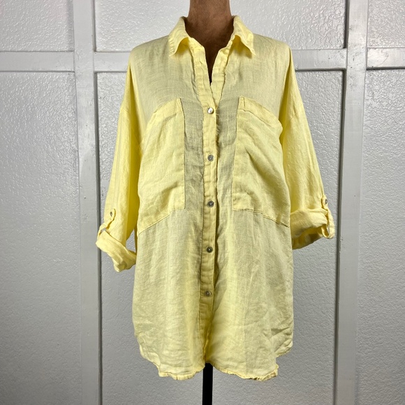 Magaschoni 100% Linen Button Down Tunic Top Yellow Roll-Tab Sleeves Women’s M - Picture 1 of 8